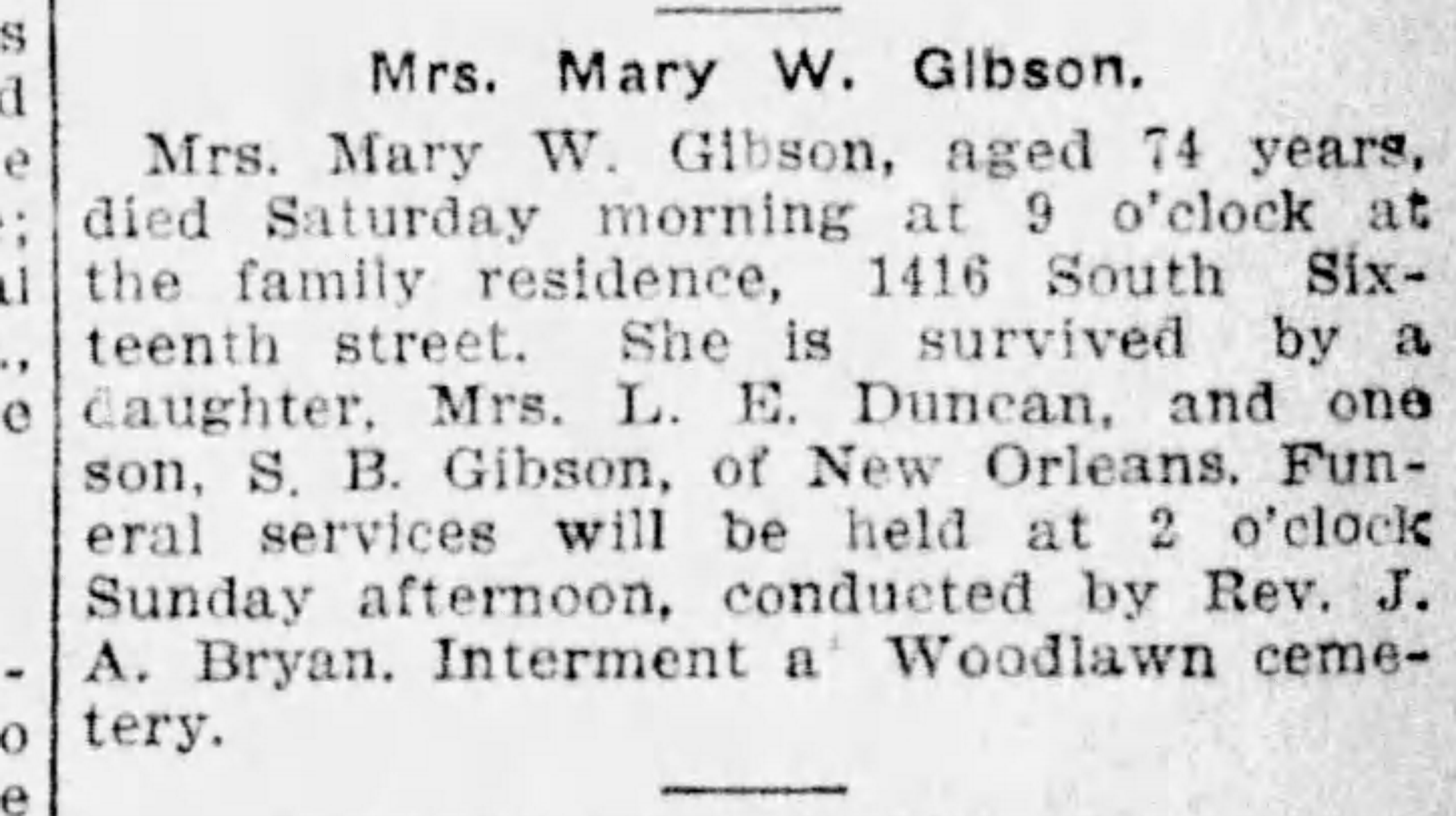 Mrs. Mary W. Gibson obituary